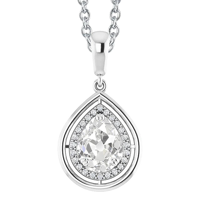 White Gold Halo Natural Diamond Pendant Round & Pear Old Mine Cut 3 Carats