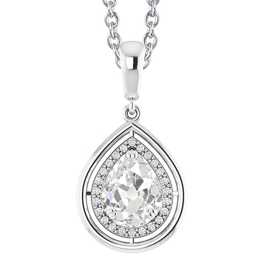 White Gold Halo Natural Diamond Pendant Round & Pear Old Mine Cut 3 Carats