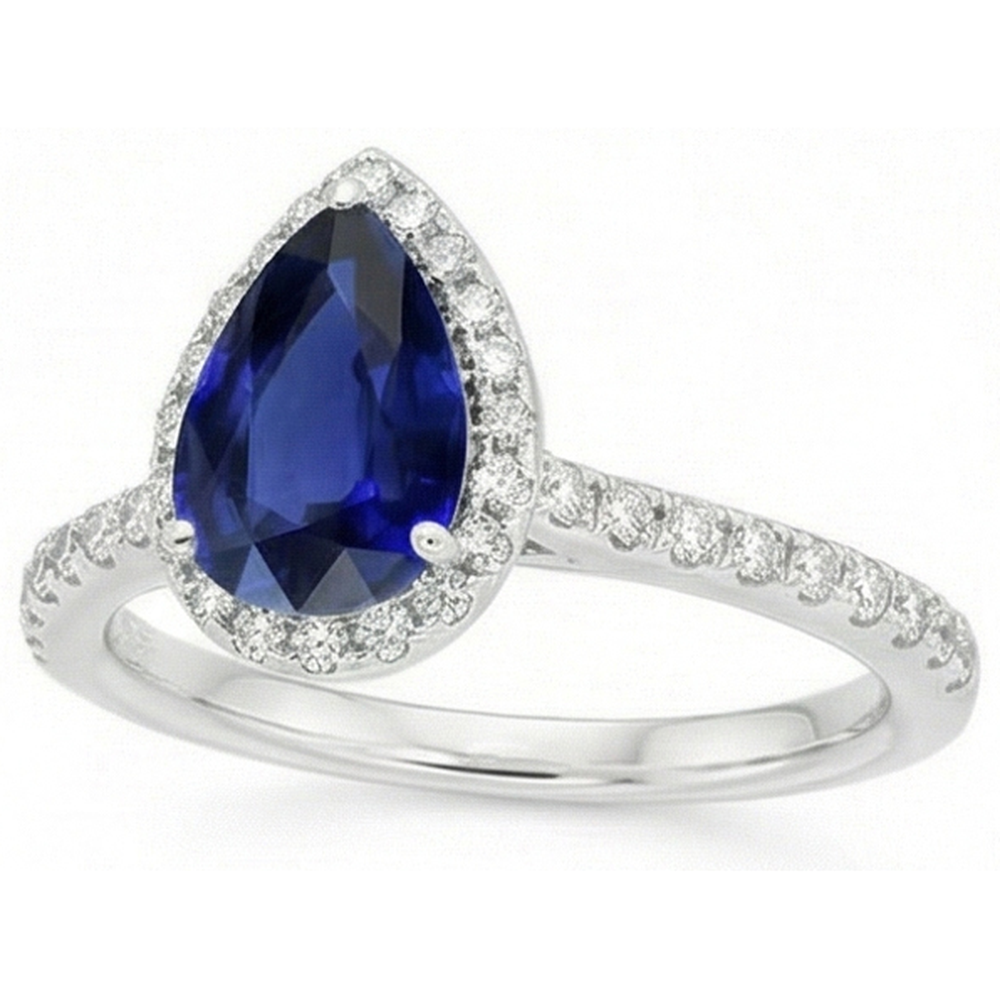 White Gold Halo Pear Sri Lankan Sapphire Ring 3.50 Carats Natural Earth Mined Diamonds