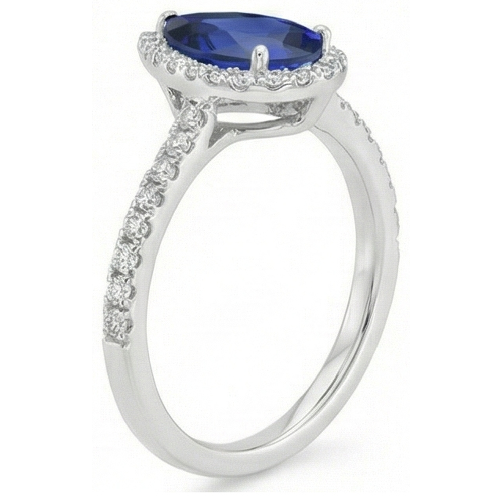White Gold Halo Pear Sri Lankan Sapphire Ring 3.50 Carats Natural Earth Mined Diamonds