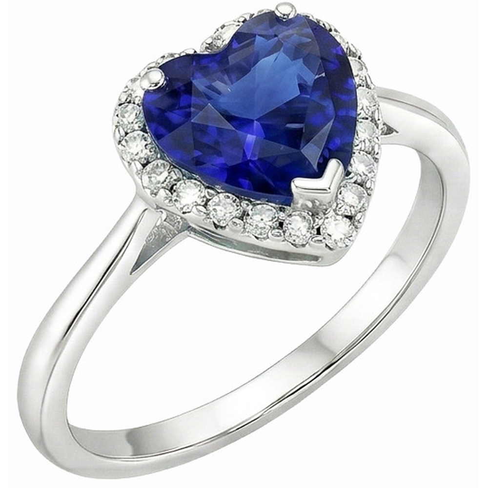 White Gold Halo Ring Heart Blue Sapphire & Natural Earth Mined Diamonds 3 Carats Jewellery