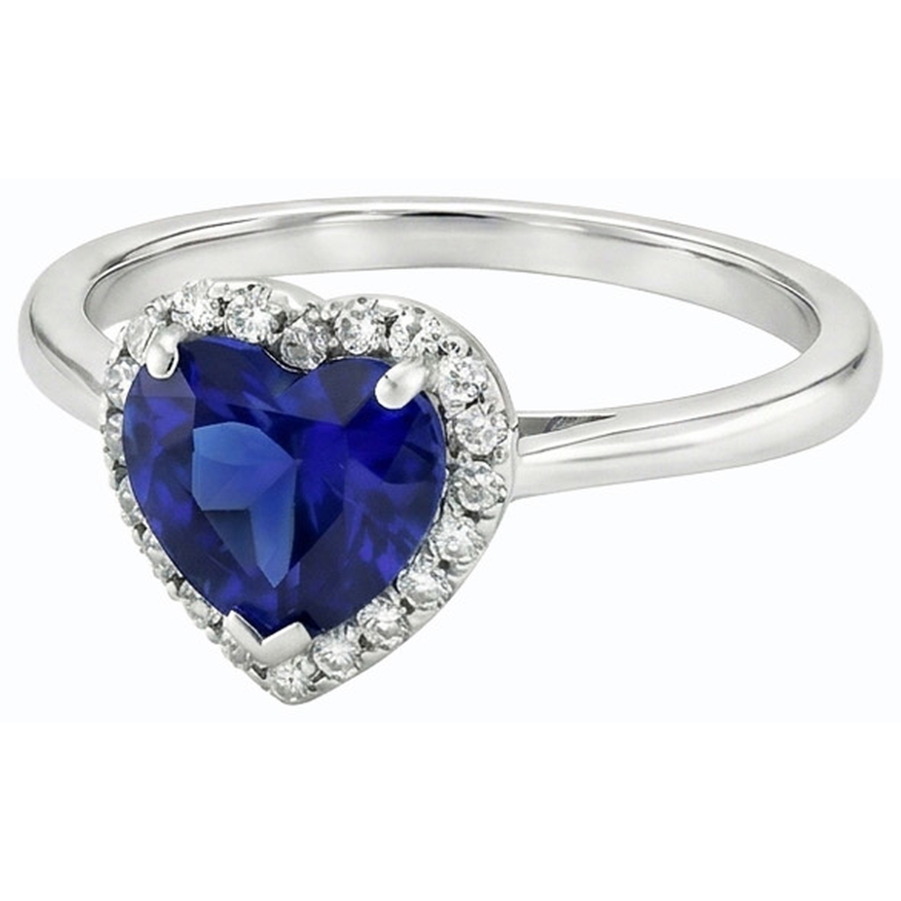 White Gold Halo Ring Heart Blue Sapphire & Natural Earth Mined Diamonds 3 Carats Jewellery