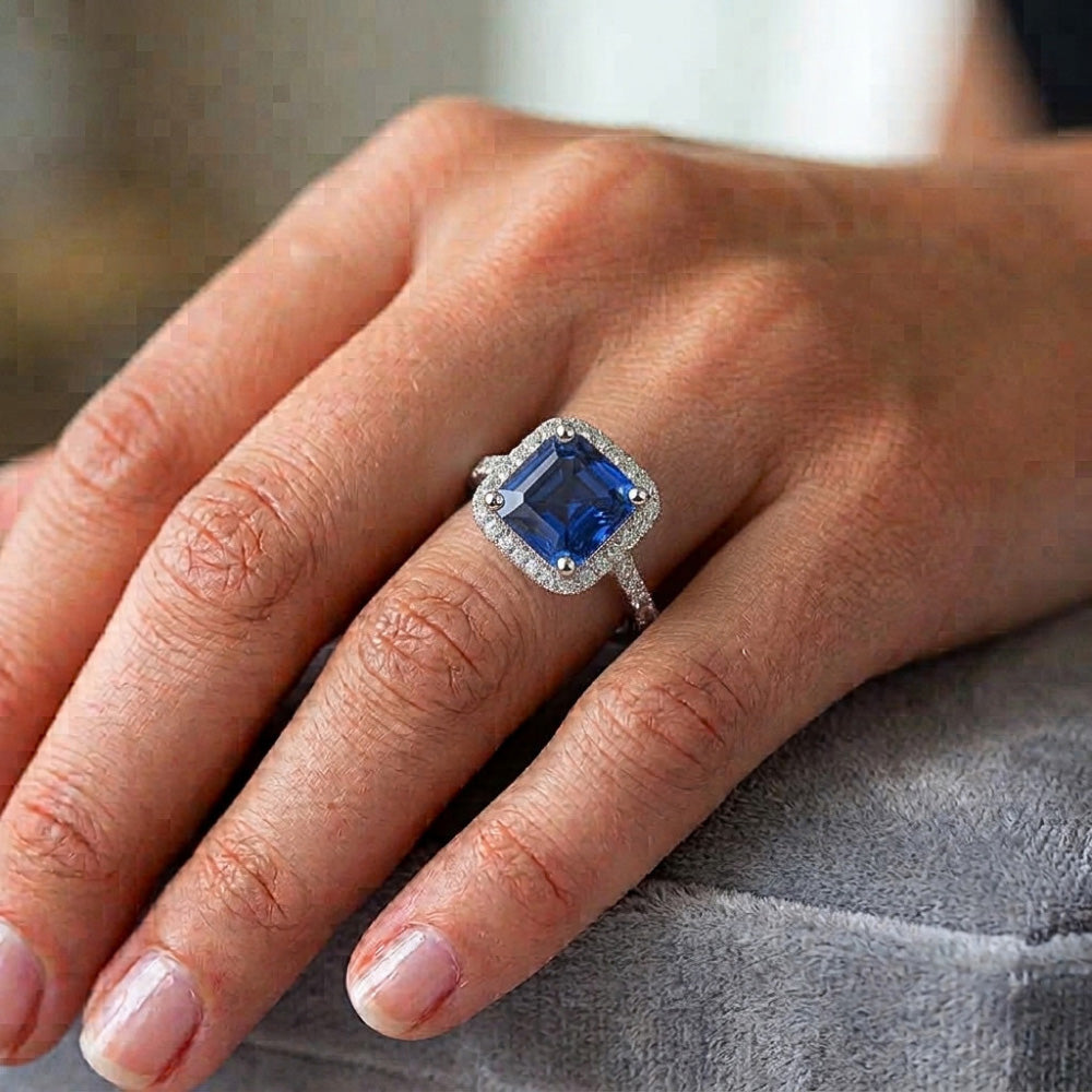 White Gold Halo Ring Princess Sri Lankan Sapphire & Natural Earth Mined Diamonds 6 Carats