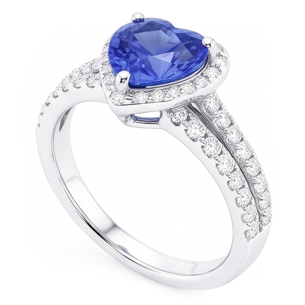 White Gold Halo Wedding Ring Heart Sapphire Double Shank 3.50 Carats