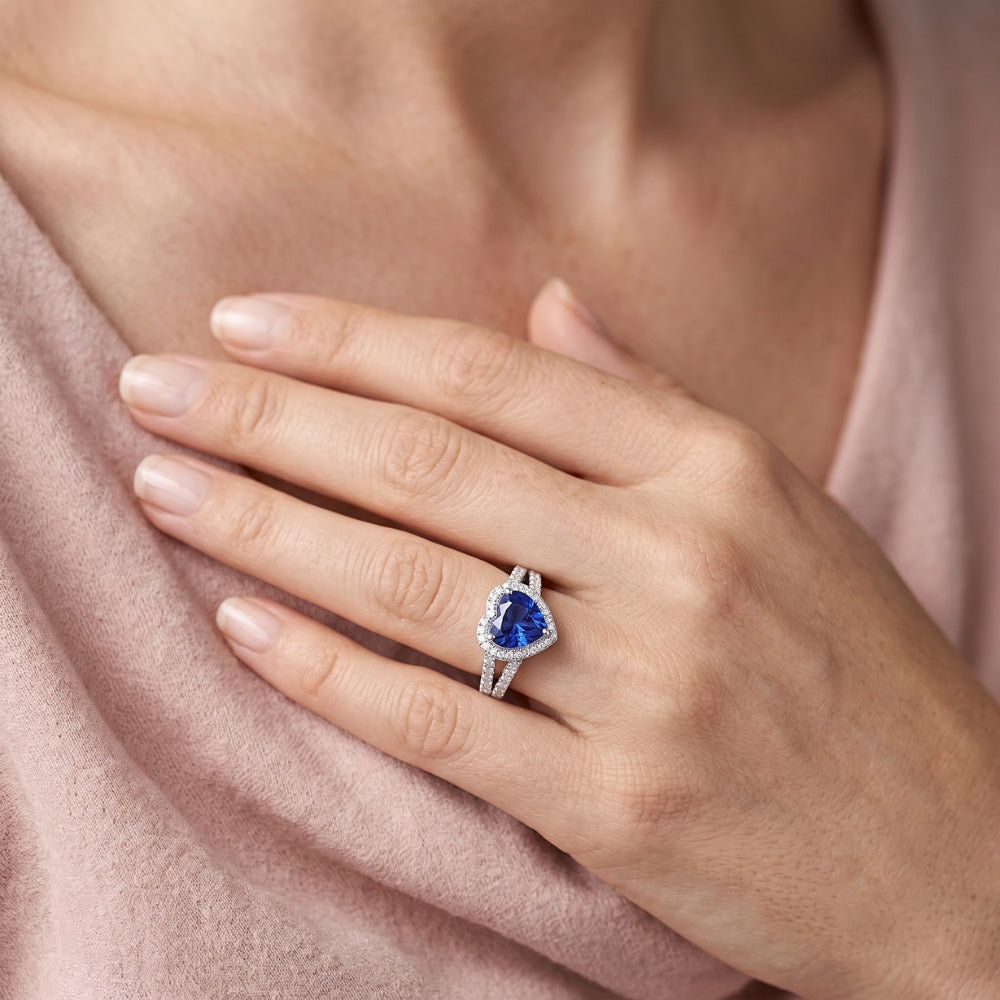 White Gold Halo Wedding Ring Heart Sapphire Double Shank 3.50 Carats