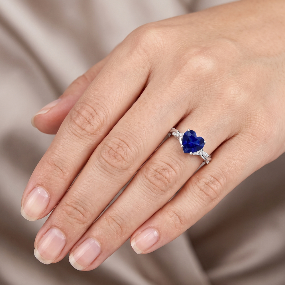 White Gold Heart Natural Earth Mined Diamond Ring Blue Sapphire Infinity Style 3.50 Carats