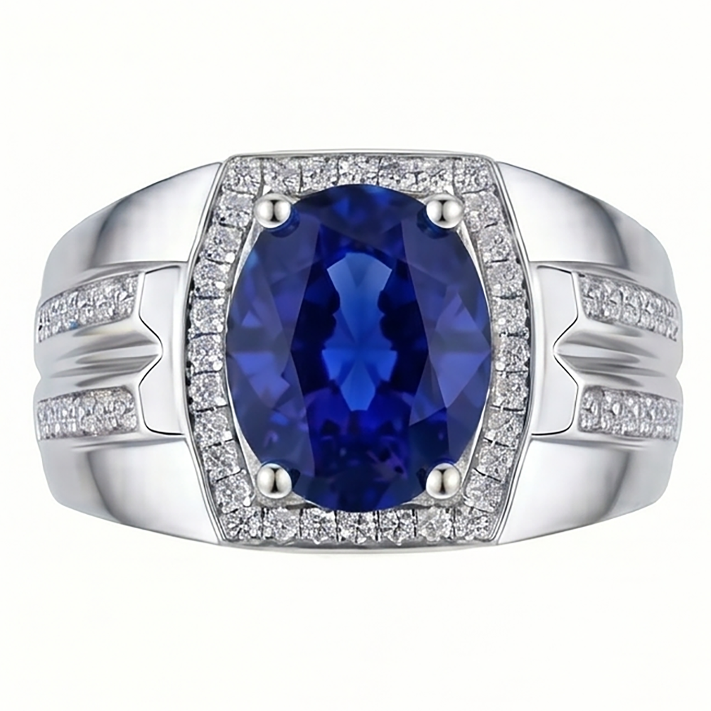 White Gold Men's Ring Halo Natural Earth Mined Diamond Oval Blue Sapphire Jewellery 4 Carats