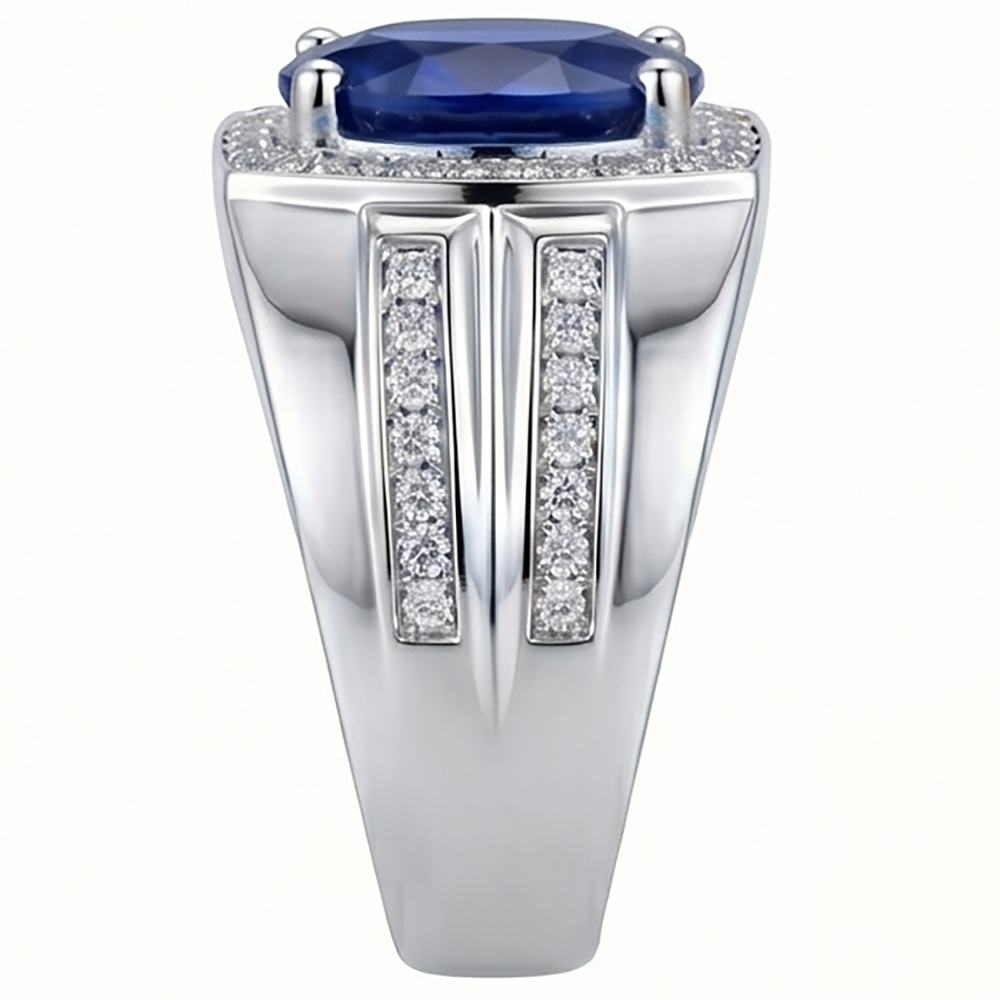 White Gold Men's Ring Halo Natural Earth Mined Diamond Oval Blue Sapphire Jewellery 4 Carats