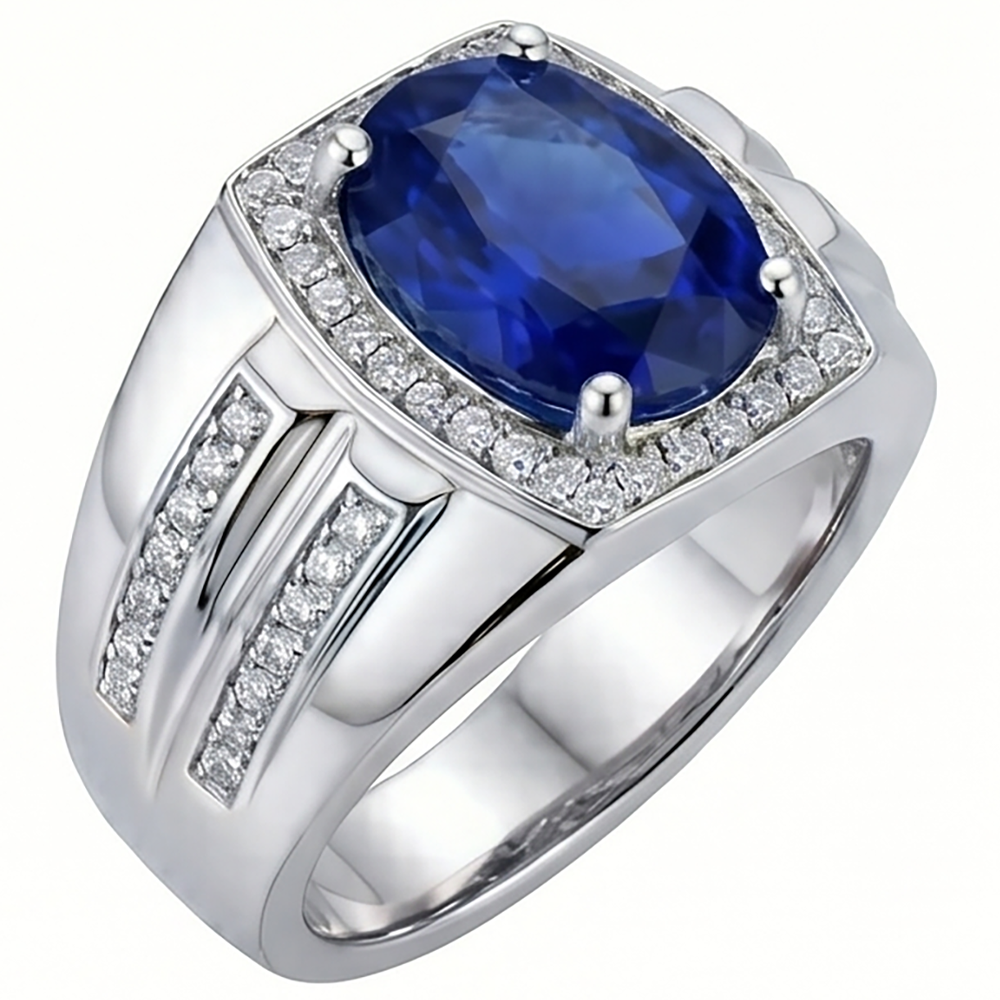 White Gold Men's Ring Halo Natural Earth Mined Diamond Oval Blue Sapphire Jewellery 4 Carats