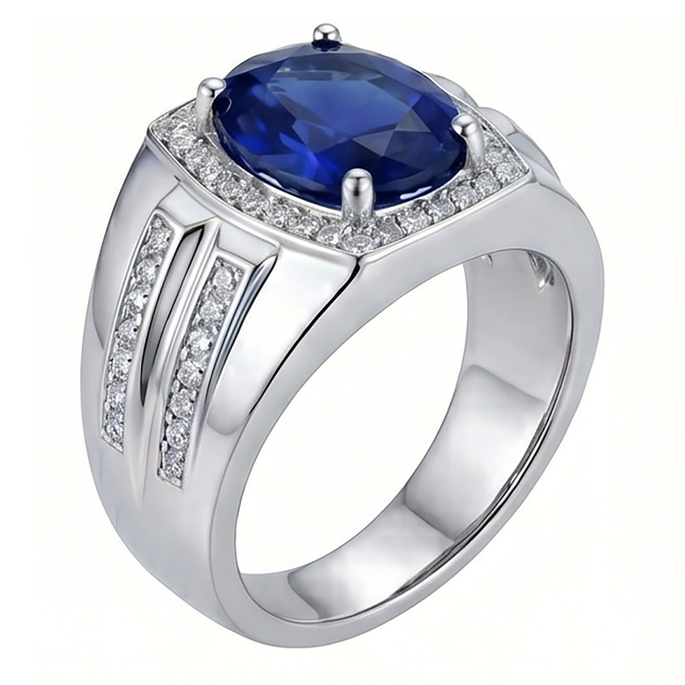 White Gold Men's Ring Halo Natural Earth Mined Diamond Oval Blue Sapphire Jewellery 4 Carats