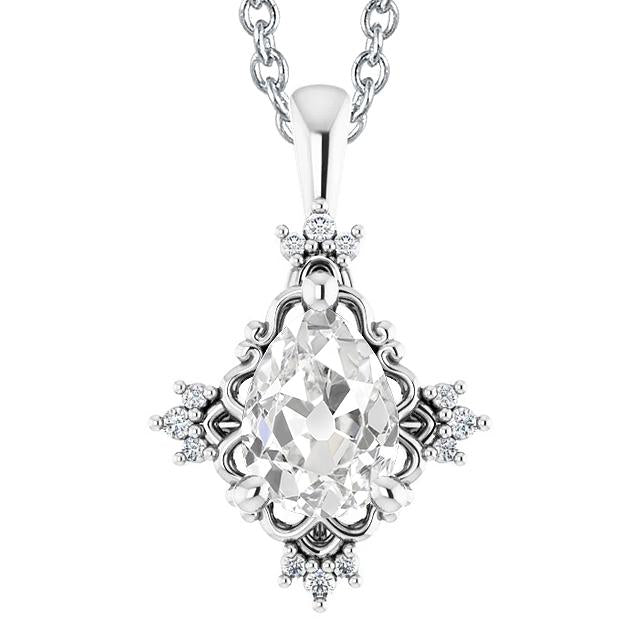 White Gold Natural Diamond Pendant Pear Old Miner 3.50 Carats Prong Setting