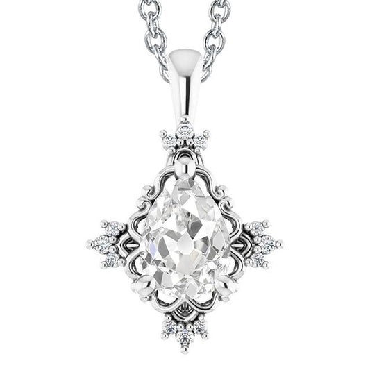 White Gold Natural Diamond Pendant Pear Old Miner 3.50 Carats Prong Setting