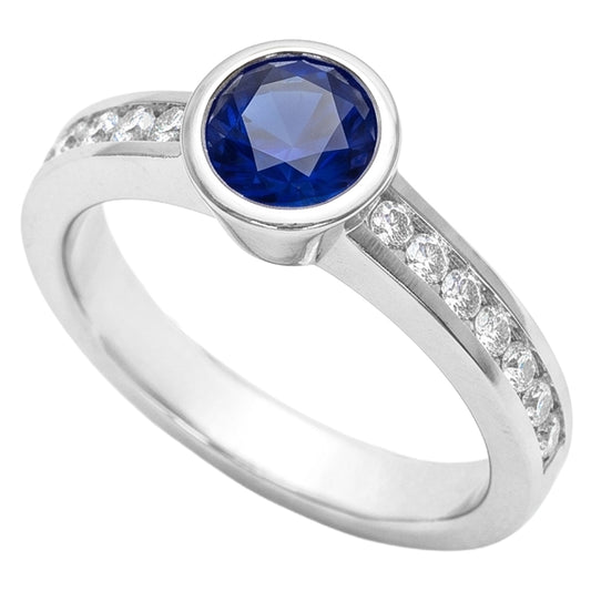 White Gold Natural Earth Mined Diamond Ring 2 Carat Round Bezel Set Blue Sapphire Gemstone