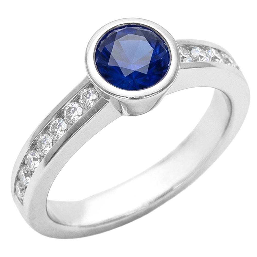 White Gold Natural Earth Mined Diamond Ring 2 Carat Round Bezel Set Blue Sapphire Gemstone