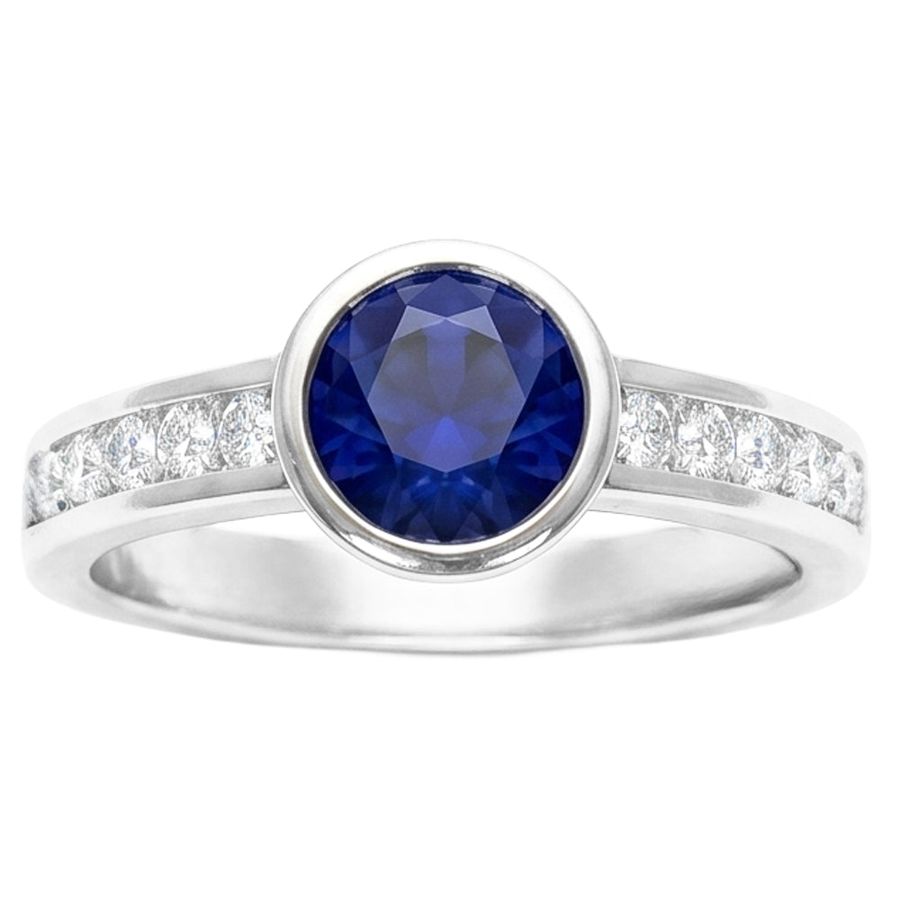 White Gold Natural Earth Mined Diamond Ring 2 Carat Round Bezel Set Blue Sapphire Gemstone