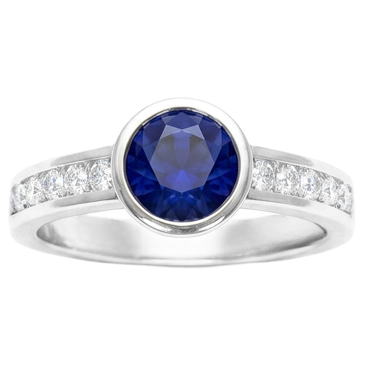 White Gold Natural Earth Mined Diamond Ring 2 Carat Round Bezel Set Blue Sapphire Gemstone