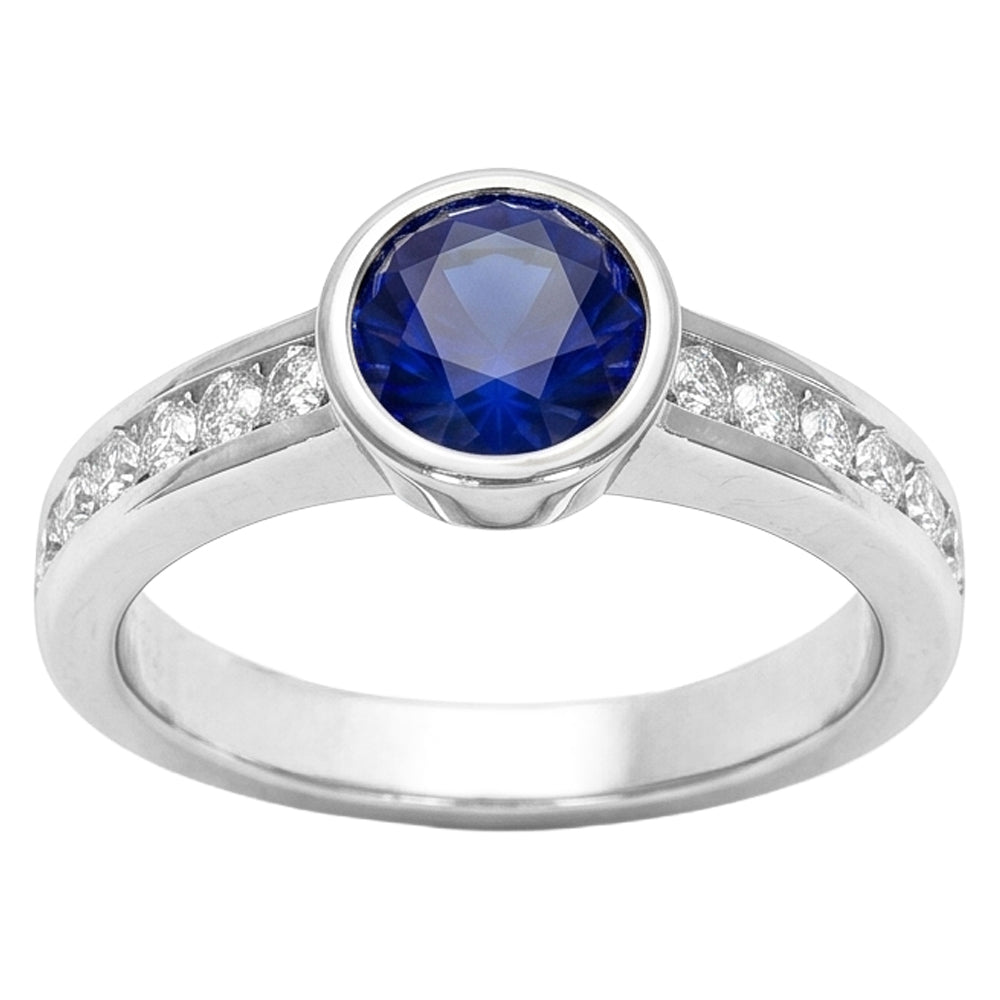 White Gold Natural Earth Mined Diamond Ring 2 Carat Round Bezel Set Blue Sapphire Gemstone