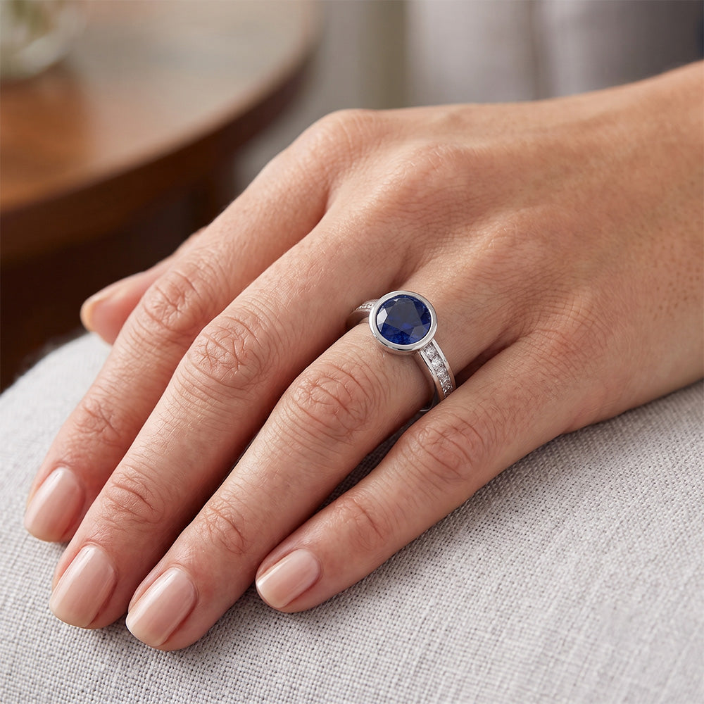 White Gold Natural Earth Mined Diamond Ring 2 Carat Round Bezel Set Blue Sapphire Gemstone