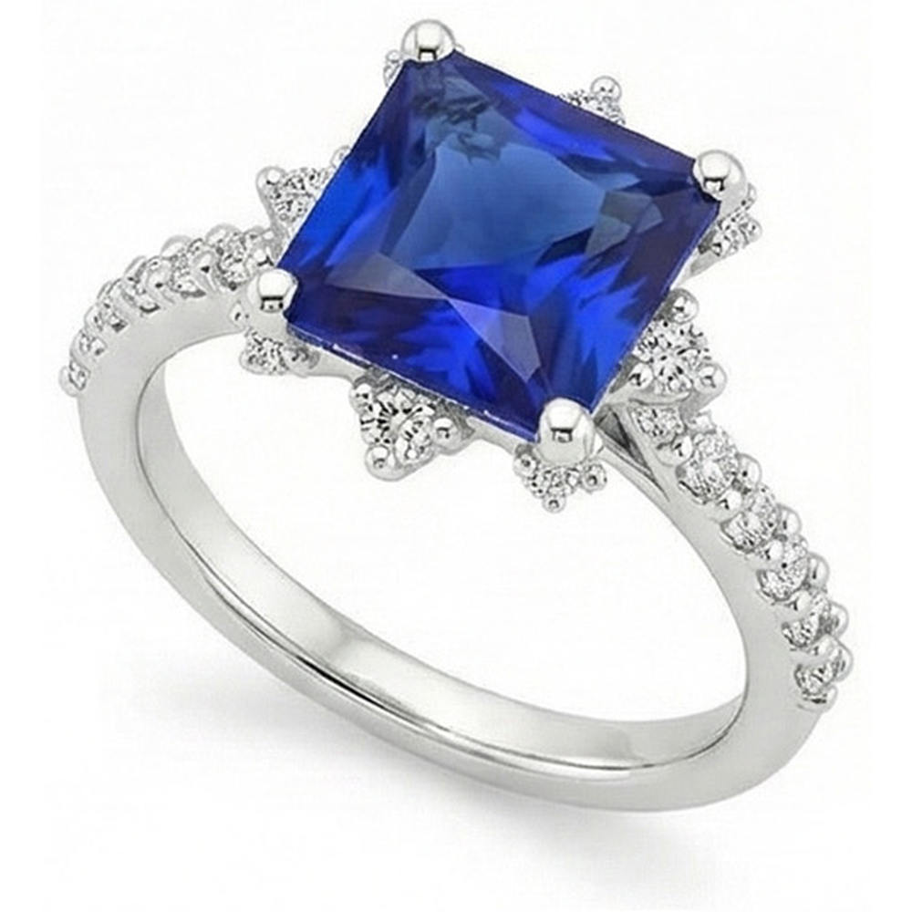 White Gold Natural Earth Mined Diamond Ring Halo Ceylon Sapphire With Accents 6.25 Carats