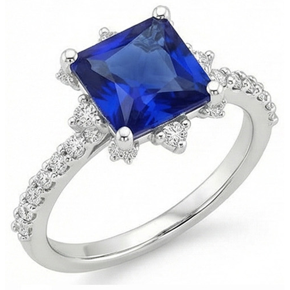 White Gold Natural Earth Mined Diamond Ring Halo Ceylon Sapphire With Accents 6.25 Carats