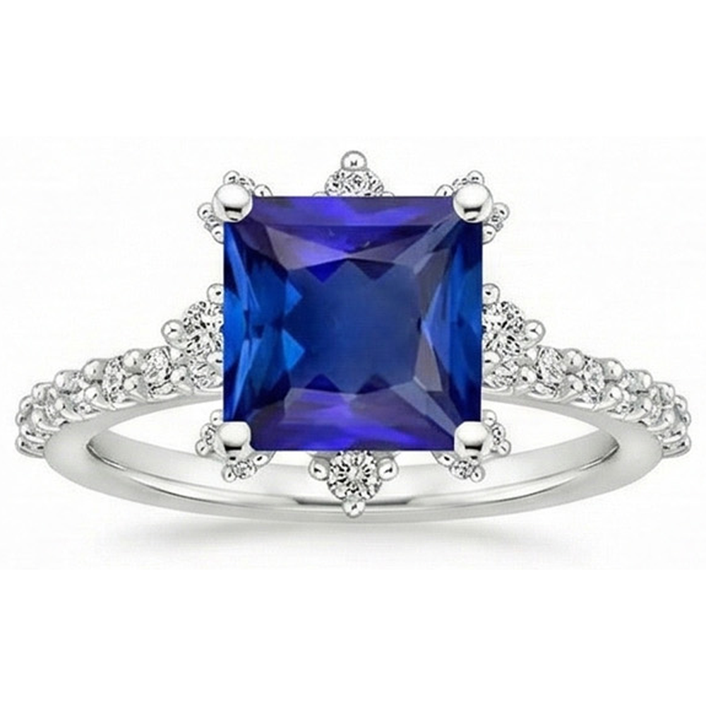 White Gold Natural Earth Mined Diamond Ring Halo Ceylon Sapphire With Accents 6.25 Carats