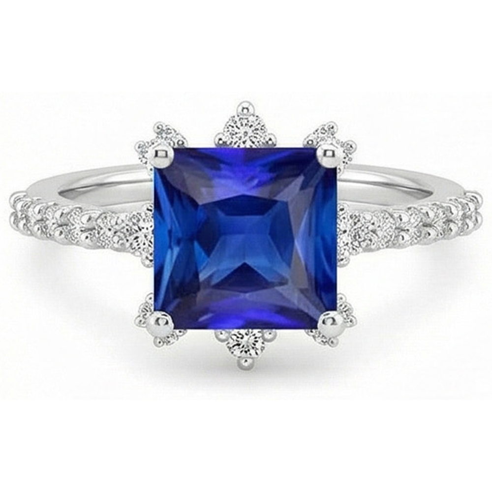 White Gold Natural Earth Mined Diamond Ring Halo Ceylon Sapphire With Accents 6.25 Carats