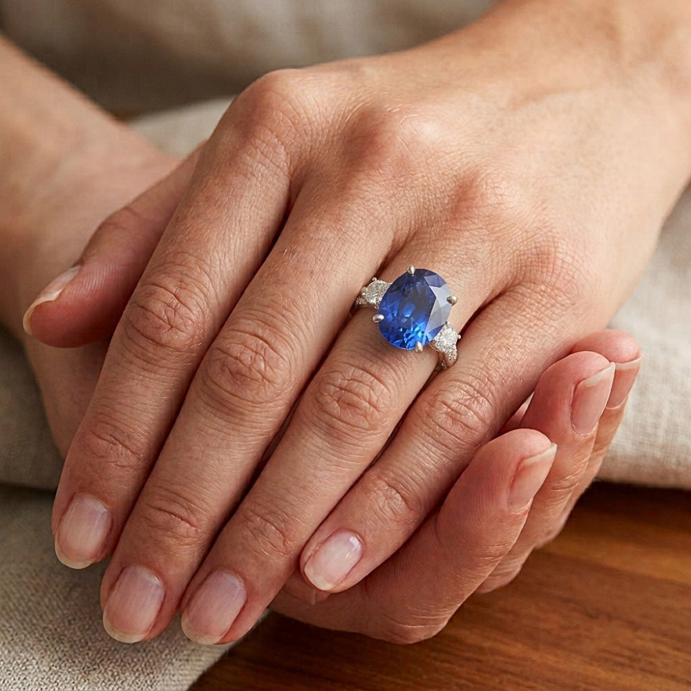White Gold Natural Earth Mined Diamond Ring Oval Blue Sapphire 3 Stone Style 6.50 Carats