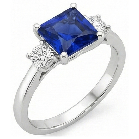 White Gold Natural Earth Mined Diamond Ring Princess Ceylon Sapphire 3 Stone 5.50 Carats