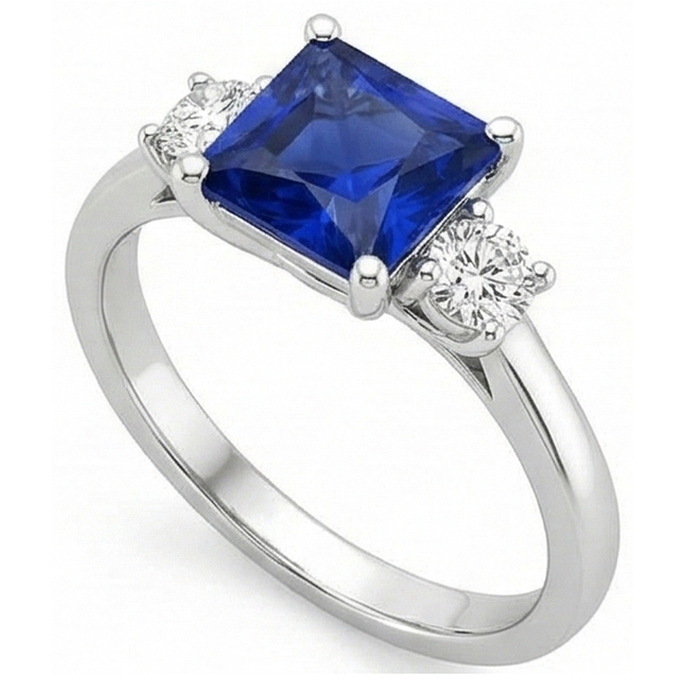 White Gold Natural Earth Mined Diamond Ring Princess Ceylon Sapphire 3 Stone 5.50 Carats