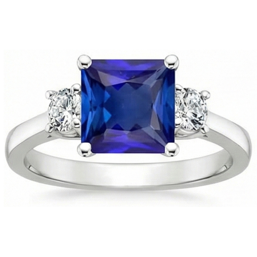 White Gold Natural Earth Mined Diamond Ring Princess Ceylon Sapphire 3 Stone 5.50 Carats