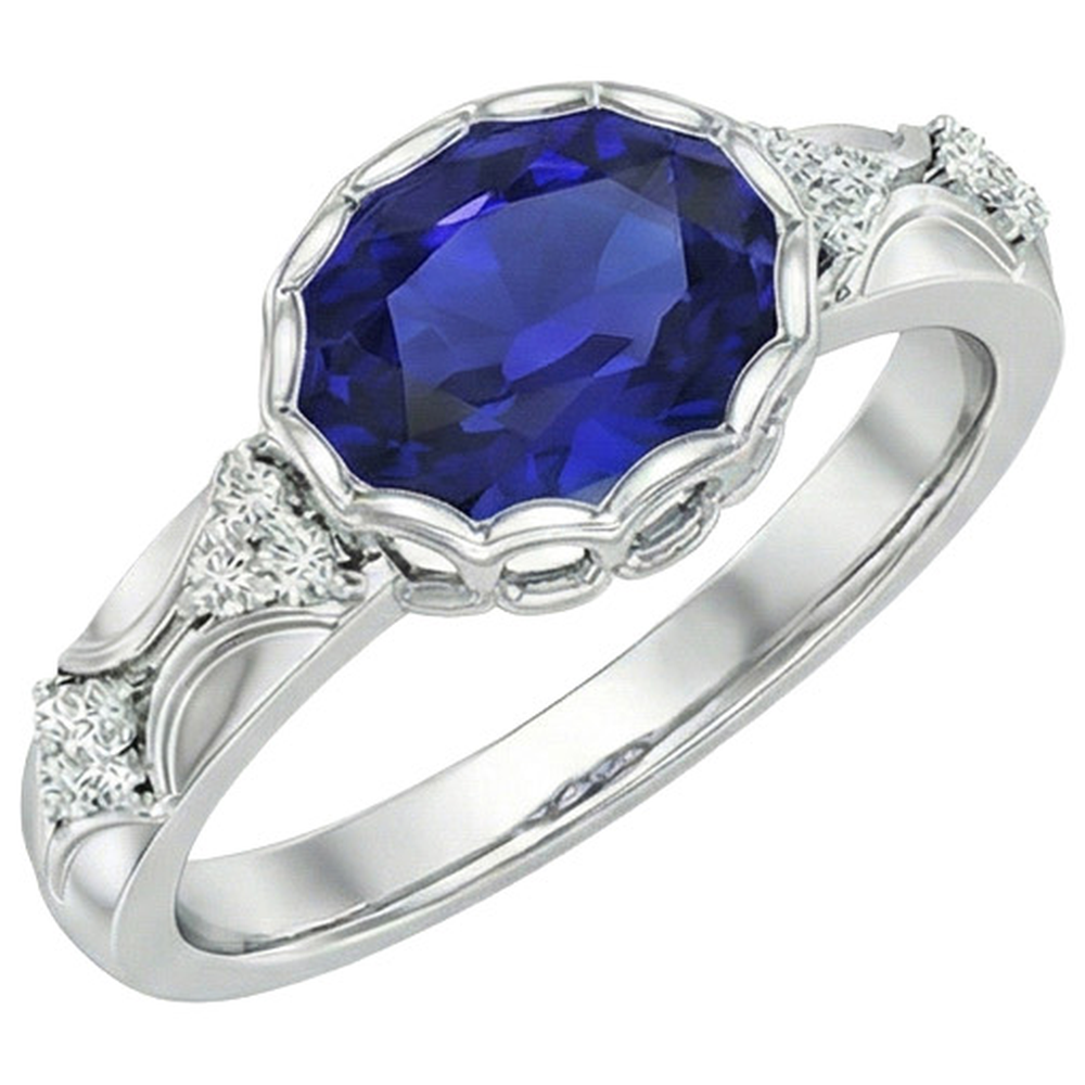White Gold Natural Earth Mined Diamond Ring Women Oval Blue Sapphire Bezel Set 3.75 Carats