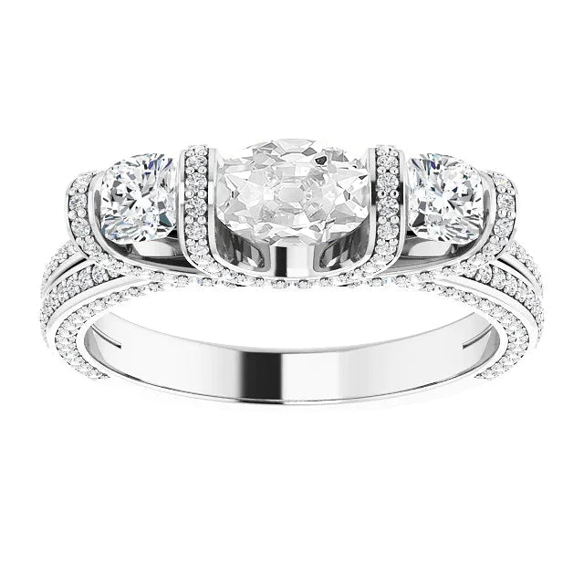 White Gold Oval Old Miner Natural Diamond Ring Prong Bar Set 10.65 Carats