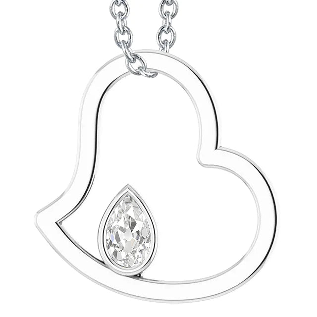 White Gold Real Diamond Pendant Bezel Set Pear Old Cut 1 Carat Heart Shaped