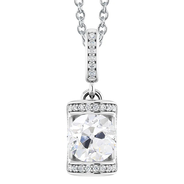 White Gold Real Diamond Pendant With Chain Round Old Cut Bar Set 3 Carats