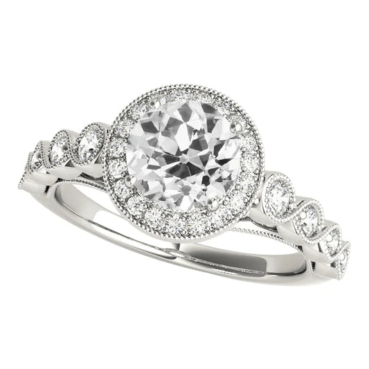 White Gold Round Halo Ring Real Old Miner Diamonds Milgrain 14K 3.50 Carats