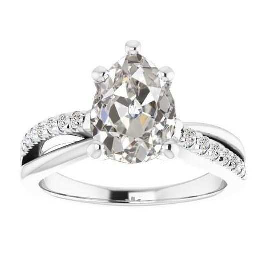 White Gold Round & Pear Old Cut Natural Diamond Ring 7 Carats Ladies Jewelry