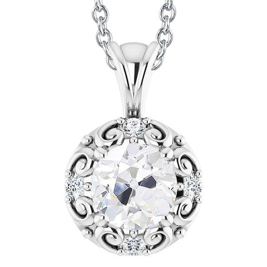 White Gold Round Natural Earth Mined Diamond Pendant Old Mine Cut 3.50 Carats 14K