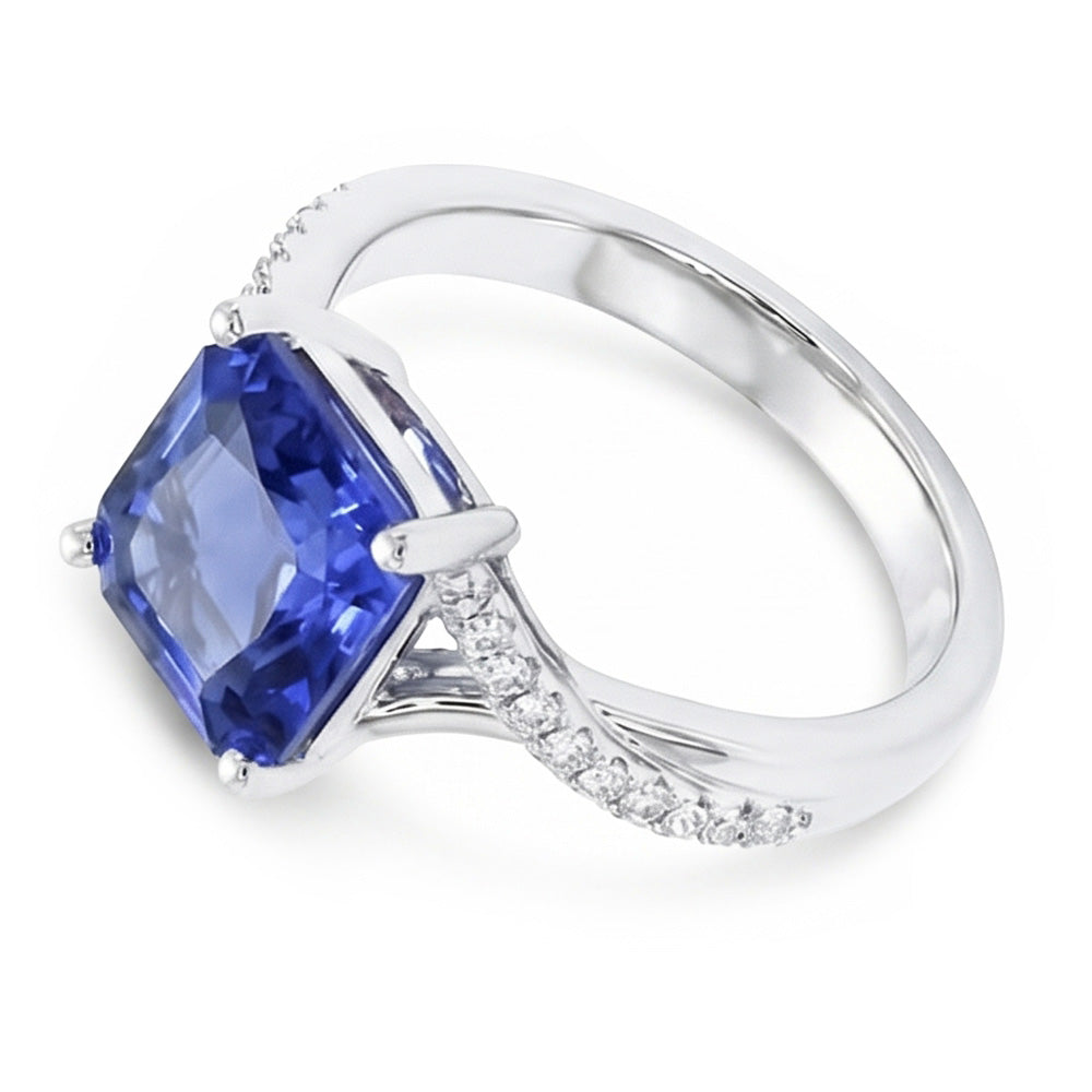 White Gold Solitaire Blue Sapphire Ring With Accents 4.50 Carats