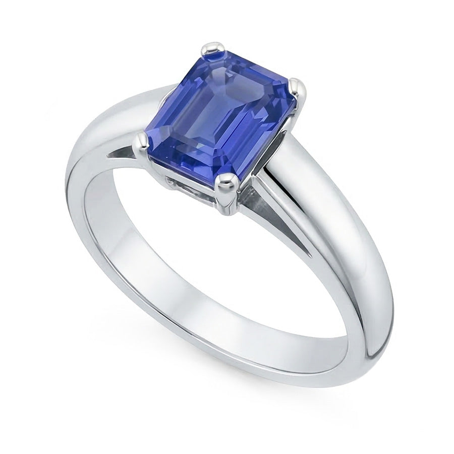 White Gold Solitaire Emerald Cut Ceylon Sapphire Ring 1.50 Carats