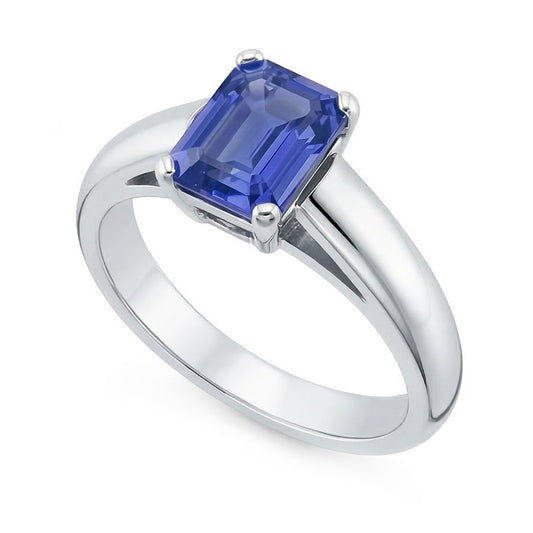 White Gold Solitaire Emerald Cut Ceylon Sapphire Ring 1.50 Carats