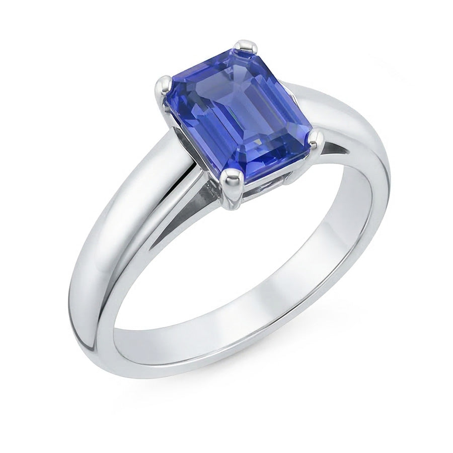 White Gold Solitaire Emerald Cut Ceylon Sapphire Ring 1.50 Carats