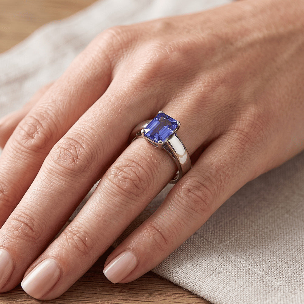 White Gold Solitaire Emerald Cut Ceylon Sapphire Ring 1.50 Carats