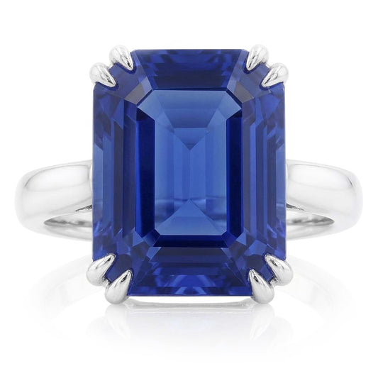 White Gold Solitaire Emerald Shaped Ring Ceylon Sapphire 2.50 Carats
