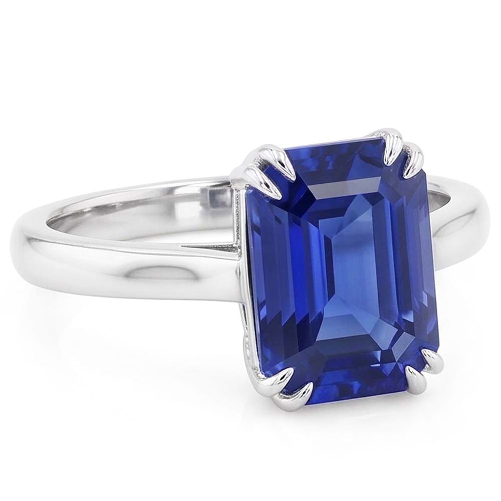White Gold Solitaire Emerald Shaped Ring Ceylon Sapphire 2.50 Carats