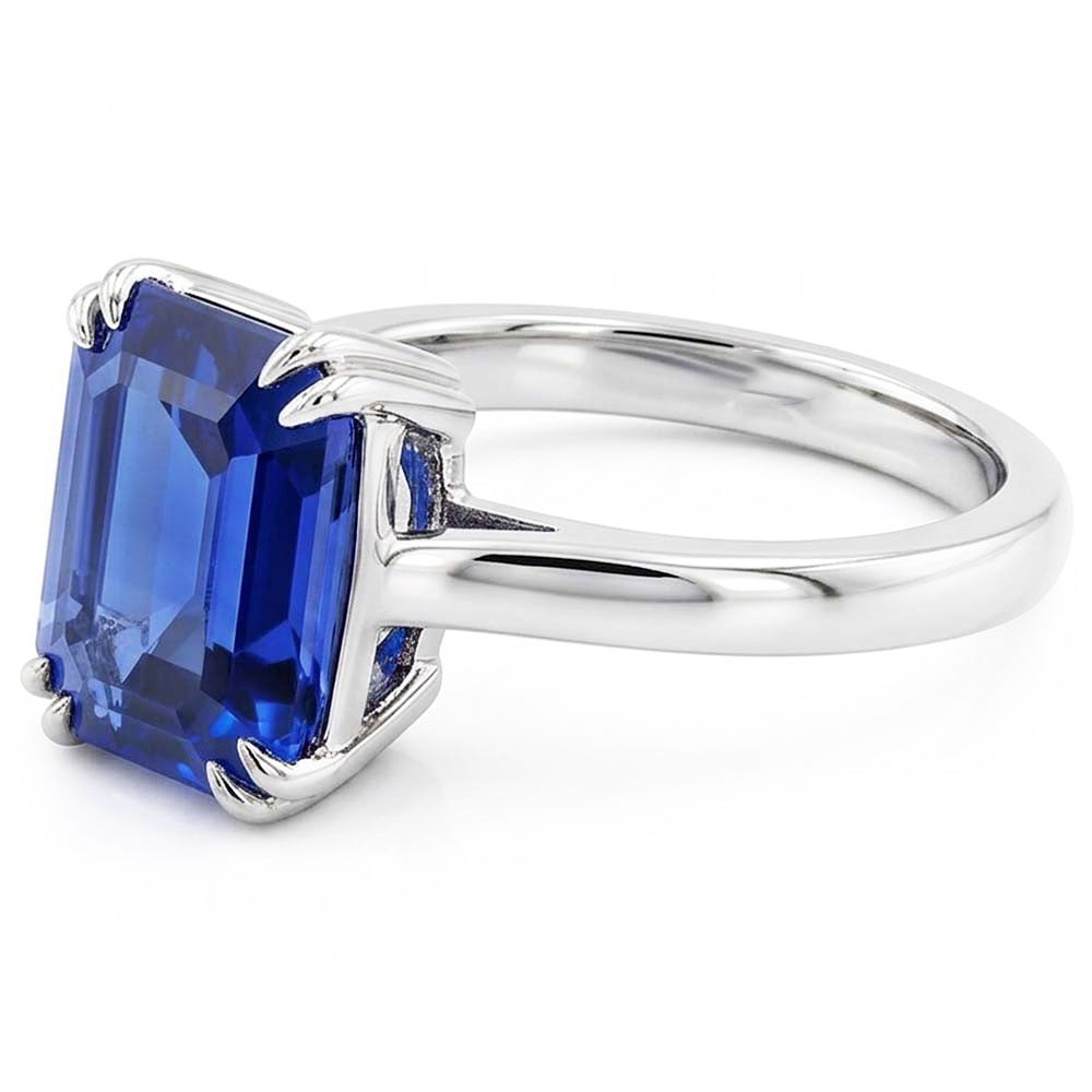 White Gold Solitaire Emerald Shaped Ring Ceylon Sapphire 2.50 Carats