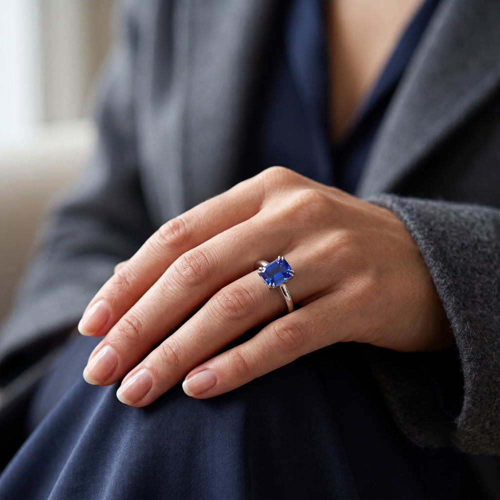 White Gold Solitaire Emerald Shaped Ring Ceylon Sapphire 2.50 Carats