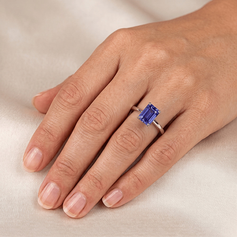 White Gold Solitaire Ring 2 Carats Emerald Cut Srilanka Sapphire