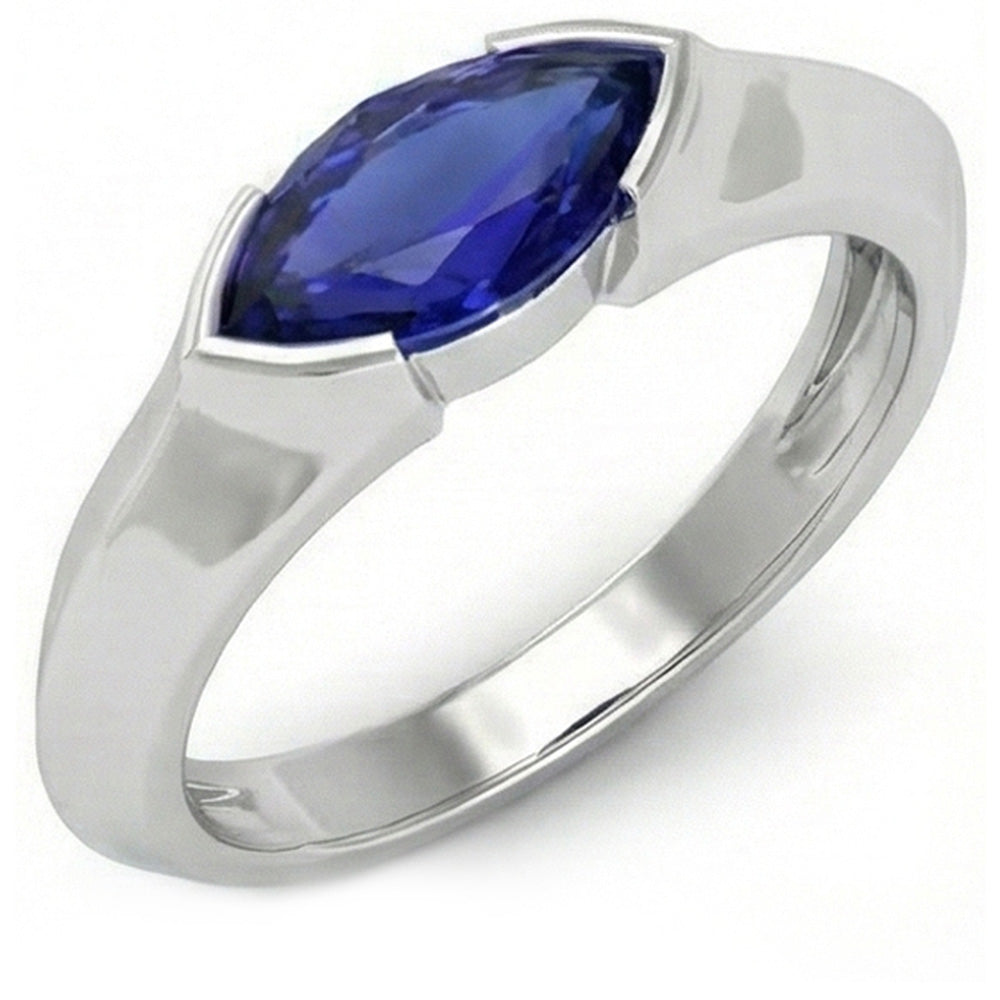 White Gold Solitaire Ring Bar Set Marquise Ceylon Sapphire 1 Carats
