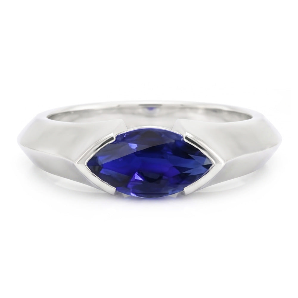 White Gold Solitaire Ring Bar Set Marquise Ceylon Sapphire 1 Carats