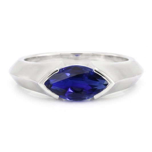 White Gold Solitaire Ring Bar Set Marquise Ceylon Sapphire 1 Carats